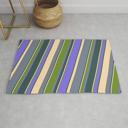 [ Thumbnail: Tan, Green, Medium Slate Blue, Slate Gray, and Dark Slate Gray Colored Lined/Striped Pattern Rug ]