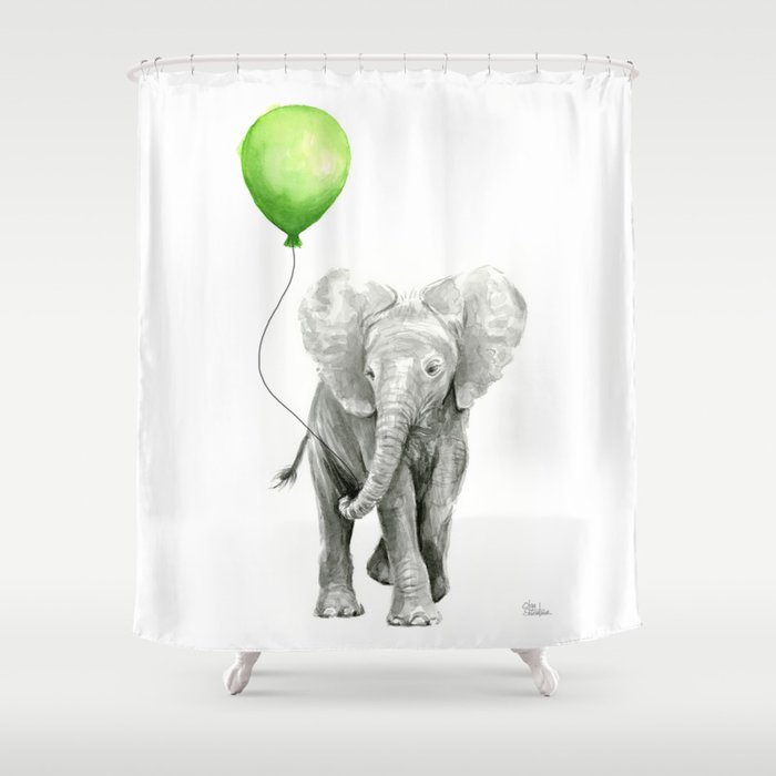 Baby Elephant Watercolor Green Balloon Neutral Color Nursery Decor Baby Elephant Watercolor Green Balloon Neutral Color Nursery Decor Shower Curtain