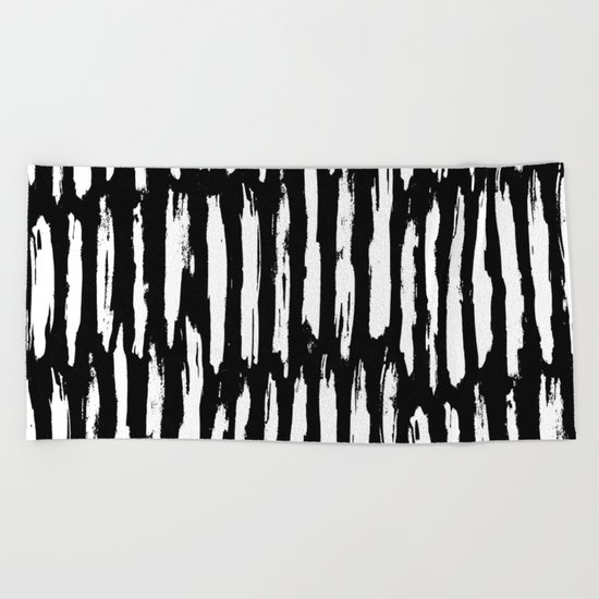Vertical Dash White on Black Paint Stripes Beach Towel