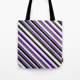 [ Thumbnail: Eye-catching Grey, White, Purple, Dark Olive Green, and Black Colored Lined/Striped Pattern Tote Bag ]