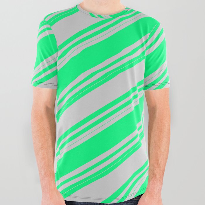 Green and Light Gray Colored Striped Pattern All Over Graphic Tee