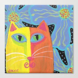 Yellow Cat with Blue Flowers Abstract Painting on Ceramic Tile Canvas Print