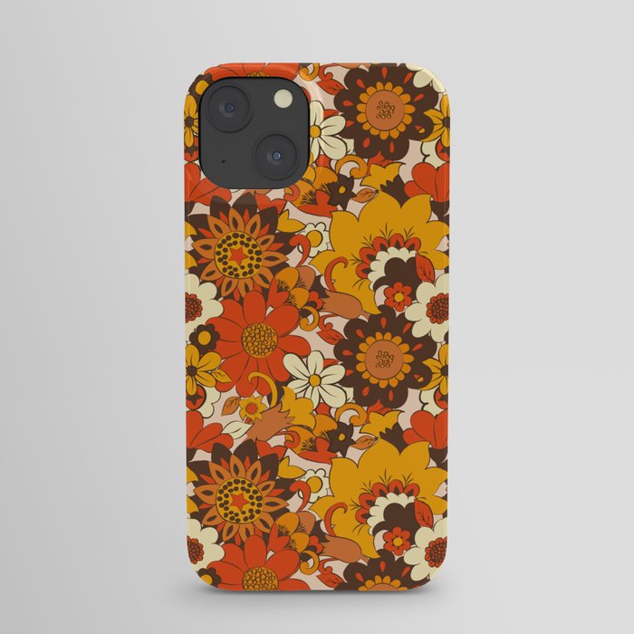 Retro 70s Flower Power, Floral, Orange Brown Yellow Psychedelic Pattern iPhone Case