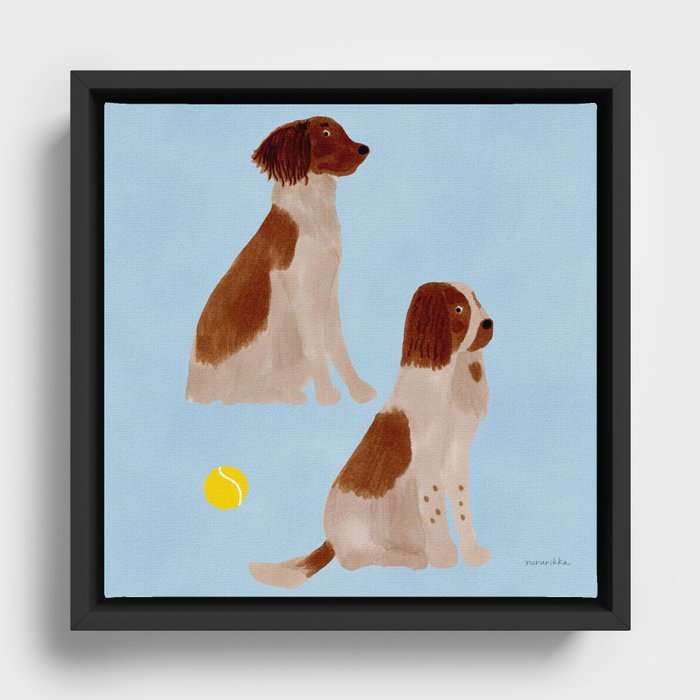 Dogs and a Tennis Ball - Brown and Blue Framed Canvas