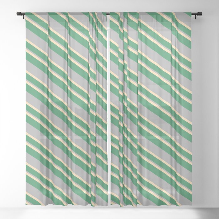 Tan, Sea Green, and Dark Gray Colored Stripes/Lines Pattern Sheer Curtain