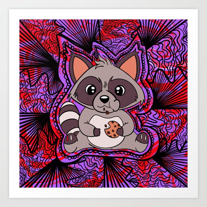 Red and Purple Trippy Raccoon Design Art Print