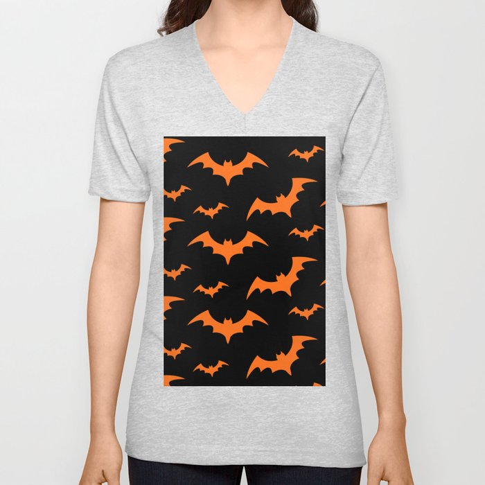 Halloween Bats Black & Orange V Neck T Shirt