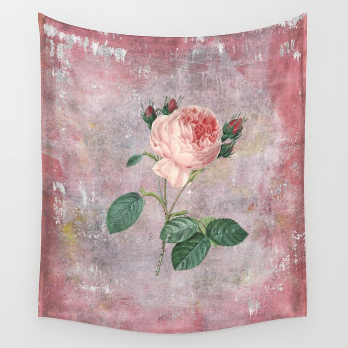 Vintage & Shabby Chic - Rose on pink grunge background  - Roses and flowers garden Wall Tapestry