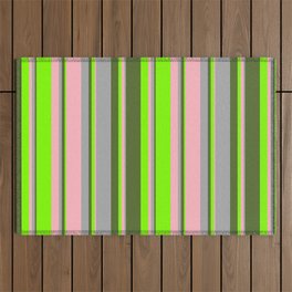 [ Thumbnail: Light Pink, Dark Grey, Dark Olive Green, and Chartreuse Colored Lines/Stripes Pattern Outdoor Rug ]