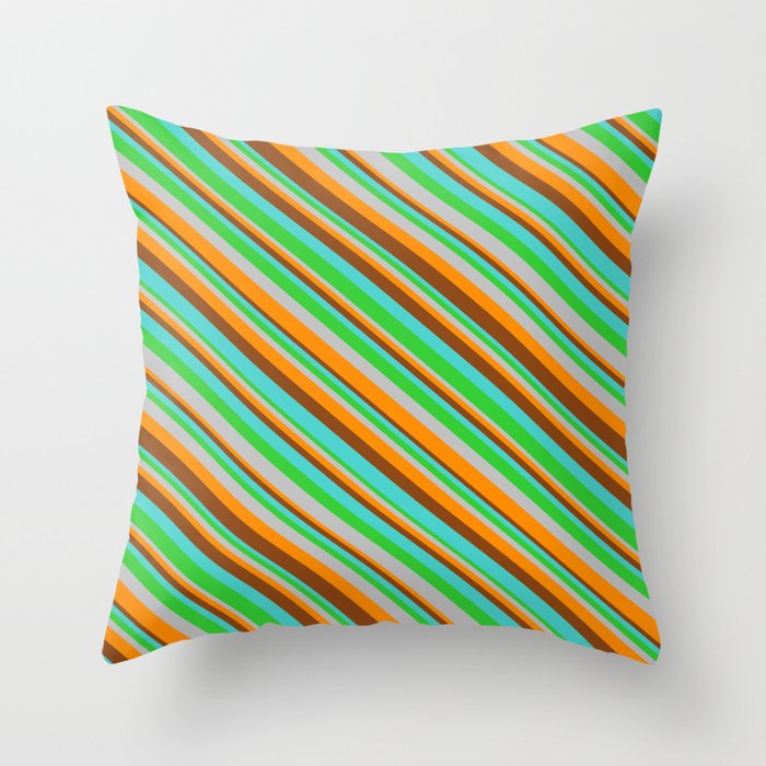 Eye-catching Turquoise, Lime Green, Grey, Dark Orange & Brown Colored Lines/Stripes Pattern Throw Pillow
