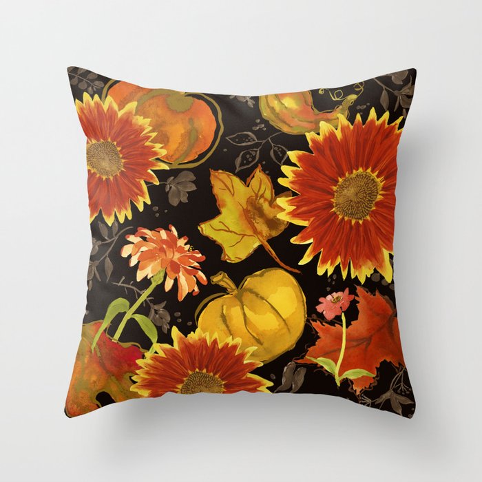 Watercolor Red Sunflower with Pumpkins and Fall Leaves Throw Pillow