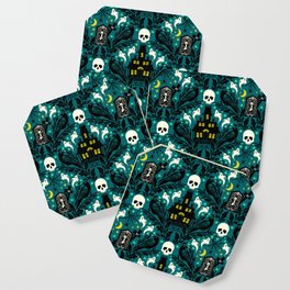  Halloween damask with haunted house, skulls, and ravens Coaster