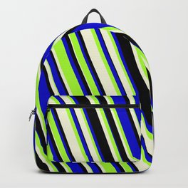[ Thumbnail: Blue, Light Green, Beige & Black Colored Lines/Stripes Pattern Backpack ]