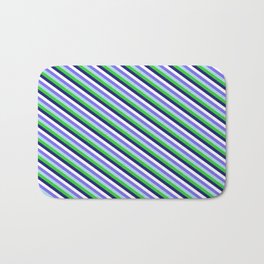 [ Thumbnail: Colorful Medium Slate Blue, Light Blue, Lime Green, Midnight Blue, and White Colored Striped Pattern Bath Mat ]