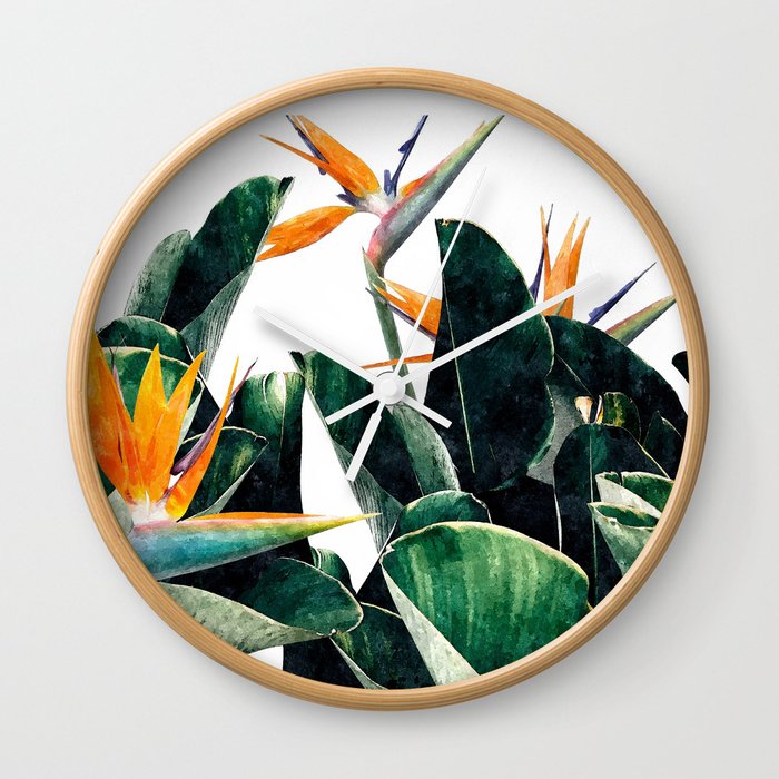 Paradise Bird, Nature Botanical Plant Floral, Tropical Garden Watercolor Painting Wall Clock