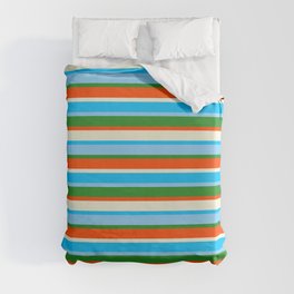 [ Thumbnail: Vibrant Deep Sky Blue, Light Sky Blue, Forest Green, Red, and Beige Colored Lined Pattern Duvet Cover ]