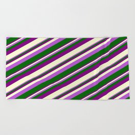 [ Thumbnail: Orchid, Dark Green, Purple, and Light Yellow Colored Stripes Pattern Beach Towel ]