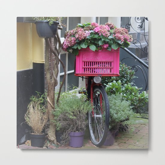 Pink Floral Bicycle in Amsterdam Metal Print