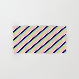 [ Thumbnail: Vibrant Light Green, Pink, White, Blue & Light Sea Green Colored Lined/Striped Pattern Hand & Bath Towel ]