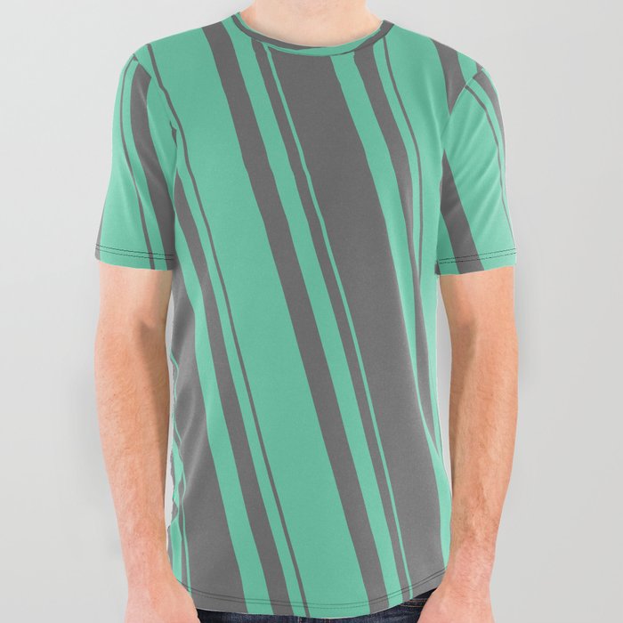Dim Gray & Aquamarine Colored Lined/Striped Pattern All Over Graphic Tee