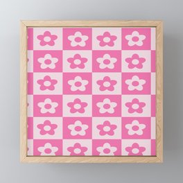 Hot Pink and White Retro Checkered Flower Pattern Framed Mini Art Print