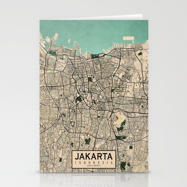 Jakarta City Map of Indonesia - Vintage Stationery Cards