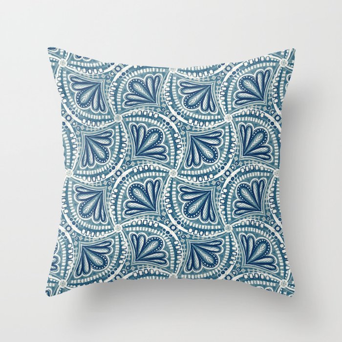 Textured Fan Tessellations in Navy Blue and White Throw Pillow