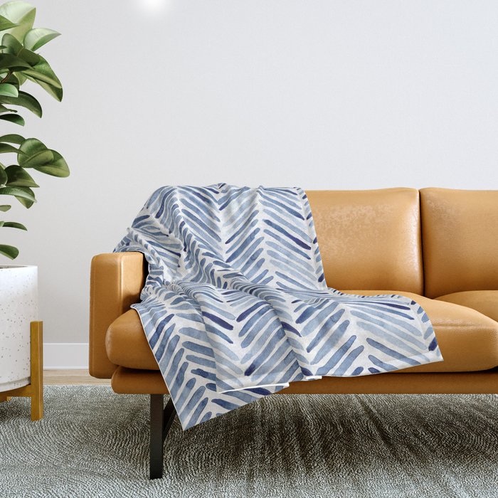 Indigo herringbone - watercolor blue chevron Throw Blanket