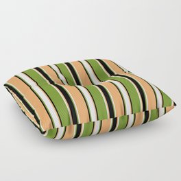 [ Thumbnail: Brown, White, Green, and Black Colored Striped/Lined Pattern Floor Pillow ]