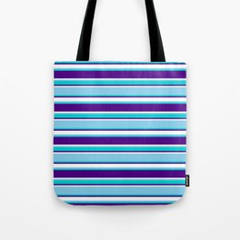 [ Thumbnail: Sky Blue, Dark Turquoise, Indigo & White Colored Lines Pattern Tote Bag ]