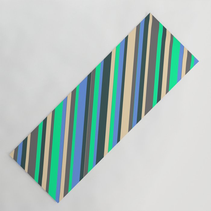 Vibrant Tan, Dim Gray, Green, Cornflower Blue, and Dark Slate Gray Colored Lines/Stripes Pattern Yoga Mat