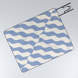 Retro Wavy Abstract Swirl Lines in Blue & White Picnic Blanket