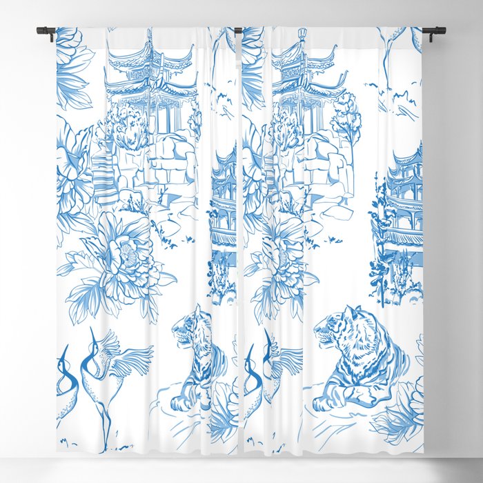Chinoiserie Toile de Jouy Tiger Pagoda Blue & White Art Blackout Curtain
