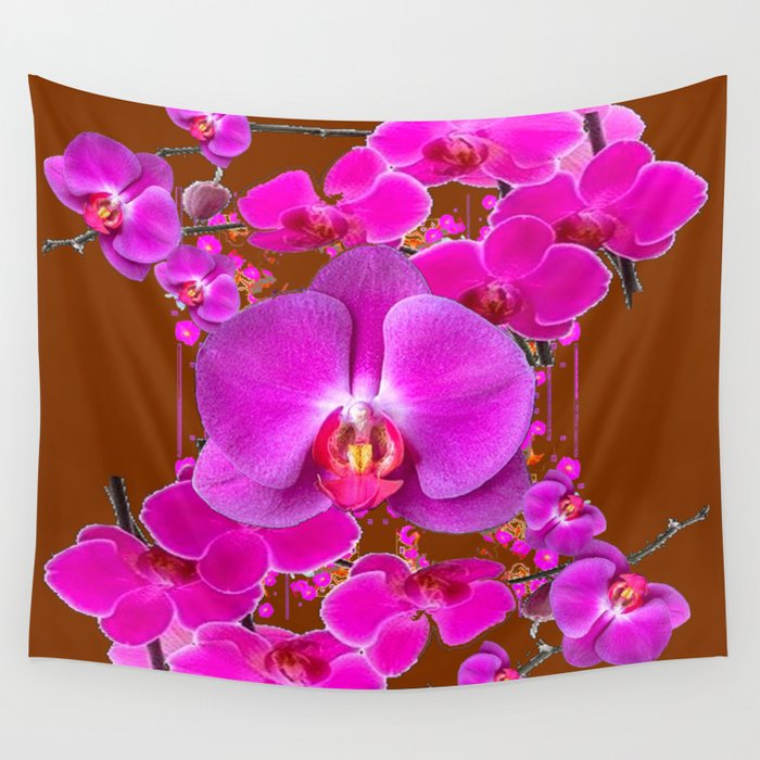 Coffee Brown Color Abstracted Modern Purple Moth Orchids Wall Tapestry