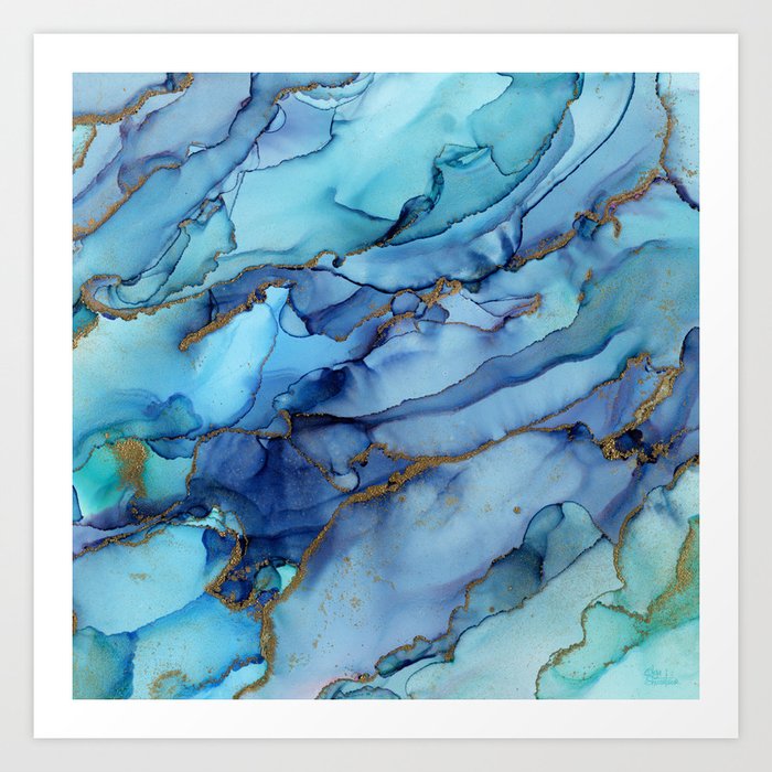 Mermaid Party Blue Marble Abstract Ink Art Print