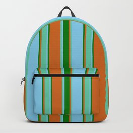 [ Thumbnail: Chocolate, Aquamarine, Sky Blue & Green Colored Stripes Pattern Backpack ]