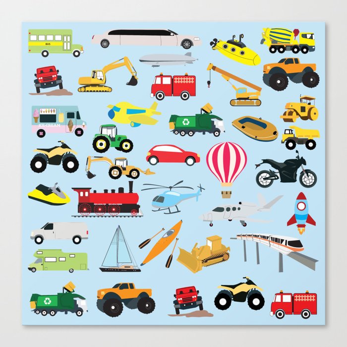 Colorful Transportation & Vehicles Kids Pattern Canvas Print