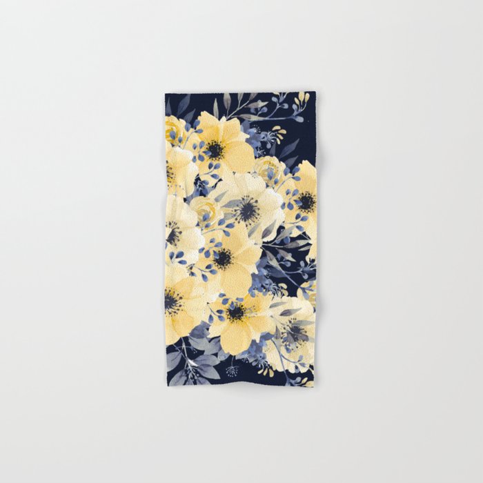 Floral Watercolor Print, Yellow and Navy Blue Hand & Bath Towel