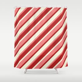 [ Thumbnail: Red, Beige, and Light Coral Colored Lined Pattern Shower Curtain ]