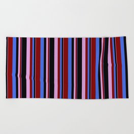[ Thumbnail: Royal Blue, Maroon, Plum, and Black Colored Striped/Lined Pattern Beach Towel ]