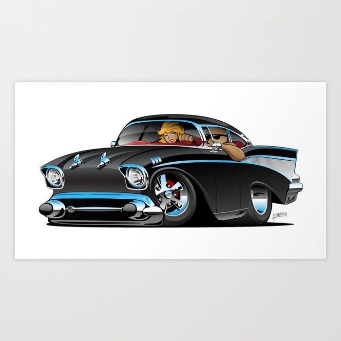 Classic Hot Rod Fifties Muscle Car With Cool Couple Cartoon Art