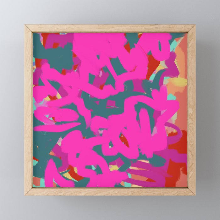 Fuchsia Pink, Teal Green & Orange Rust Thick Abstract Framed Mini Art Print
