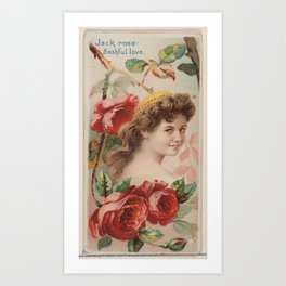 Jack Rose  Bashful Love, from the series Floral Beauties and Language of Flowers (N75) for Duke bran Art Print | Antique, Lithograph, Retro, Photo, Currency, Old, Note, Historic, Trade, Print 