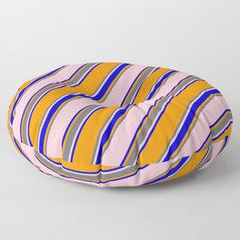 [ Thumbnail: Pink, Blue, Dark Orange, and Dim Gray Colored Pattern of Stripes Floor Pillow ]
