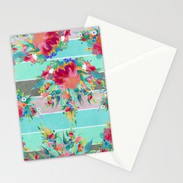 Watercolor Pink Orange Teal Blue Hand Painted Floral Stripes Stationery Card