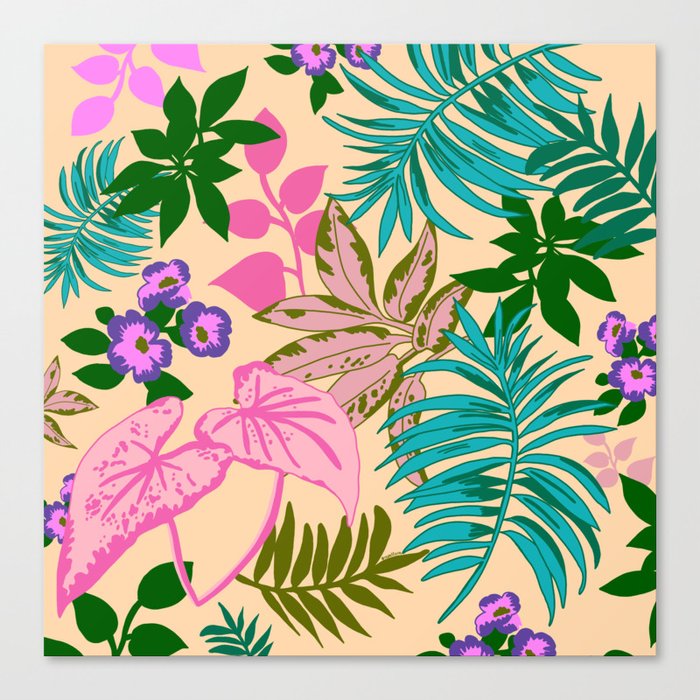 Tropical leaves pattern - Neon Canvas Print