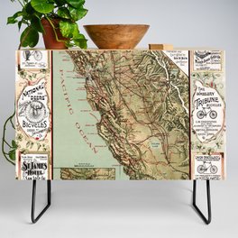 California-Roads map for cyclers-United States-1895 vintage pictorial map-pictorial illustration-drawing Credenza