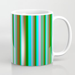 [ Thumbnail: Eye-catching Brown, Green, Cyan, Plum, and Sea Green Colored Stripes Pattern Coffee Mug ]