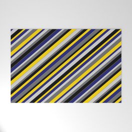 [ Thumbnail: Vibrant Light Gray, Dim Gray, Black, Yellow, and Midnight Blue Colored Stripes Pattern Welcome Mat ]