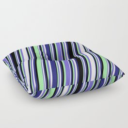 [ Thumbnail: Slate Blue, Lavender, Midnight Blue, Black & Green Colored Lines/Stripes Pattern Floor Pillow ]